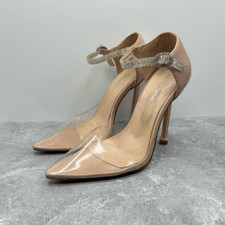 Fashion Nova Walde Tan Transparent Pump Heels Size 7.5 Embellished Ankle Straps