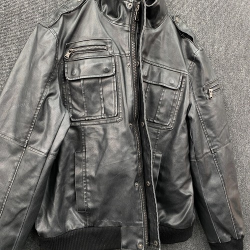 Calvin Klein Faux Leather PVC Riding Bomber Jacket Mens Large Black Sherpa Lined - Picture 9 of 21