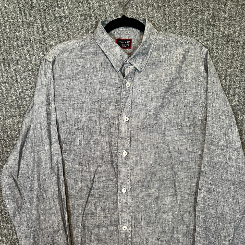 Untuckit Shirt Mens Large Blue Linen Slim Fit Soft Button Up Long