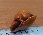 Old Japanese Wooden Netsuke Conch and Tree Frog Hironaka Signed Sagemono Japan