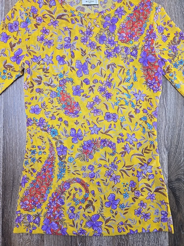 ETRO Hecho en Italia Amarillo Transparente Floral Manga Larga Elastizado Top Mujer 42 EE. UU. 6 Foto 3 de 4