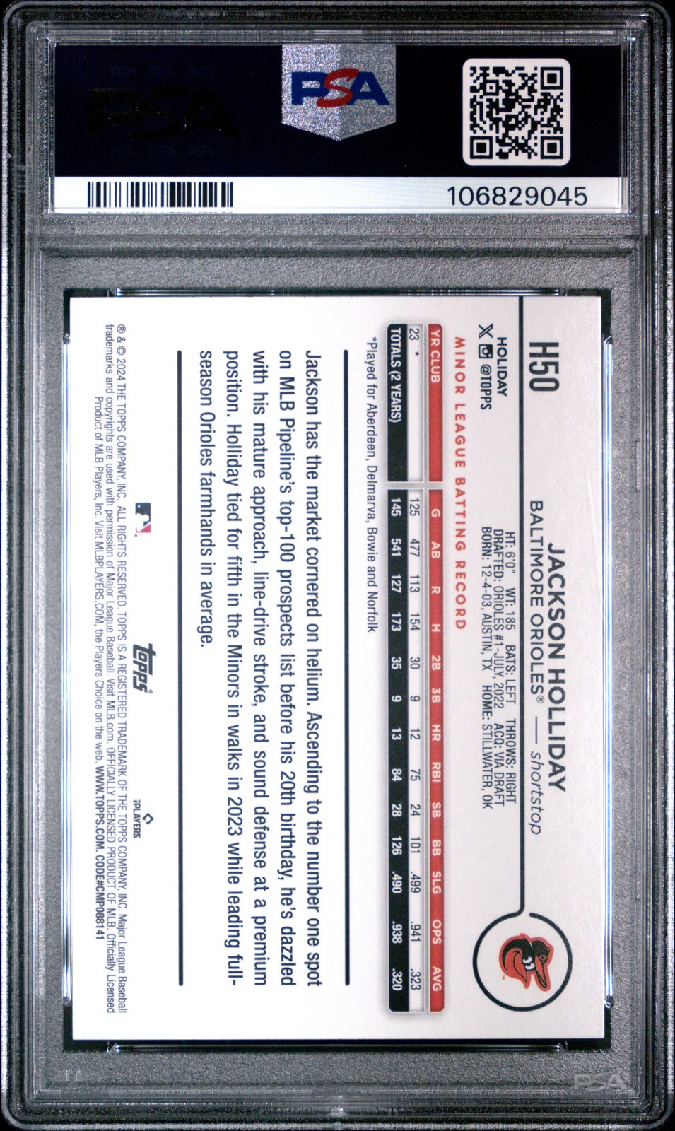 2024 TOPPS HOLIDAY #H50 JACKSON HOLLIDAY ROOKIE RC PSA 10 view 2