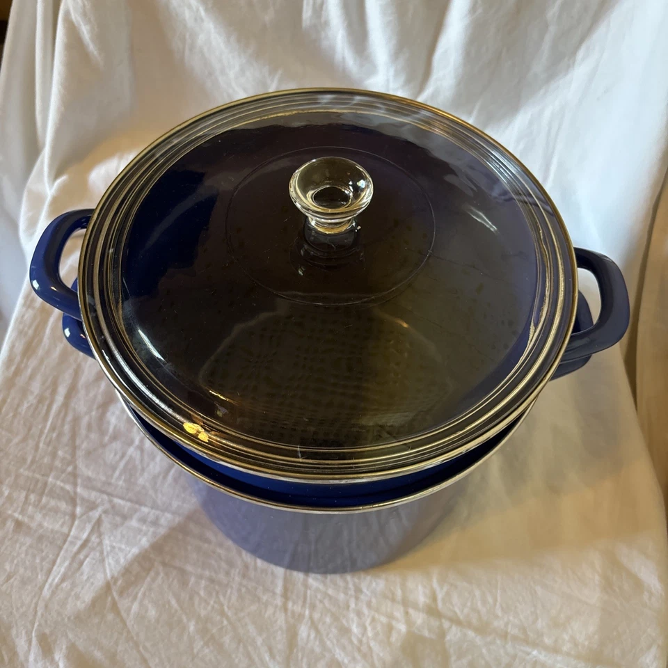 Blue Speckle Enamelware Stock Pot Double Boiler Steamer with Strainer and Lid  - Image 2 of 4