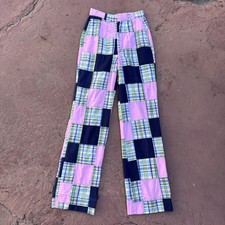 Vintage 1950s 1960s Pink  Green Plaid Patchwork Madras Cotton Pants Collegiate