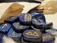 Genuine Lapis Lazuli Elder Futhark Rune Set Including Linen Pouch and Guidebook
