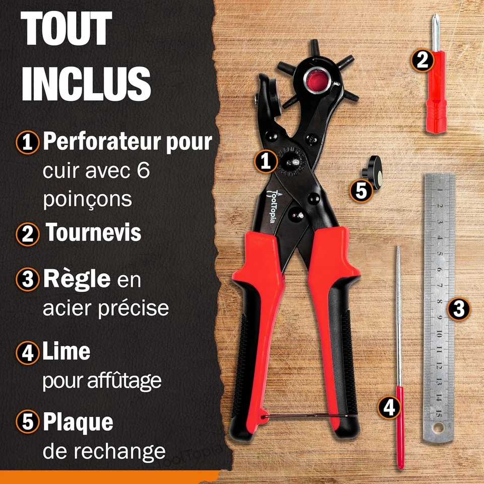Pince Perforatrice Poinçonneuse Cuir - 6 Tailles (2 à 4.5mm), Levier Confort - Photo 3/4