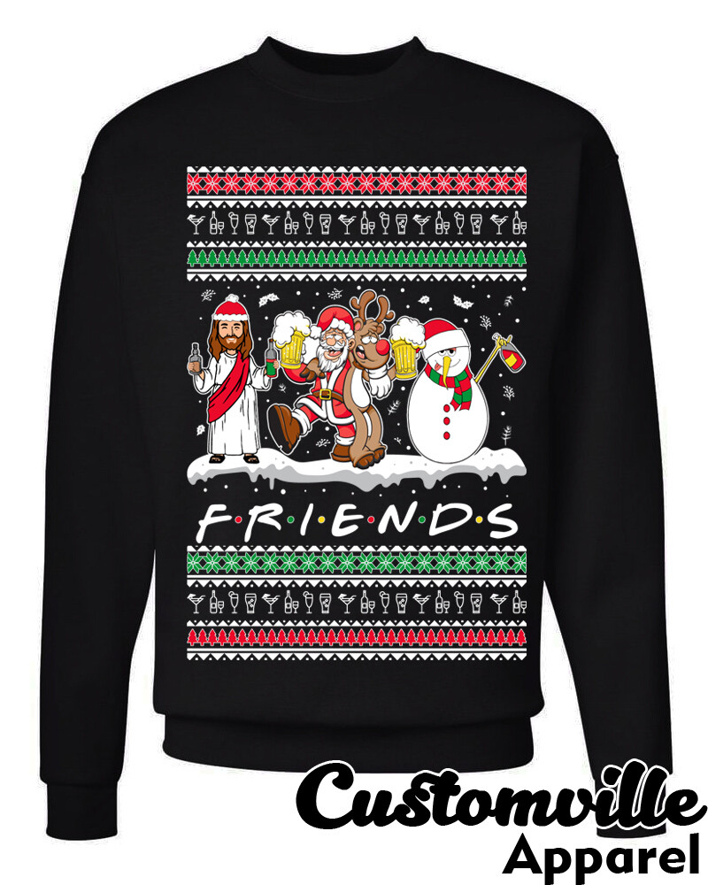 Drunk Friends Ugly Christmas Sweater Funny Santa Jesus Rudolph