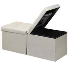 STORAGE BENCH FOLDING STORAGE OTTOMAN FOOT REST STOOL 34 INCH BEIGE LINEN FOOTST