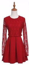 Women's Floral Lace Long Sleeve Red Tea Dress Skirt XL New
