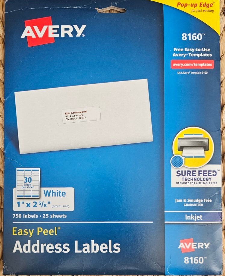 Avery Easy Peel Address Labels 8160, Sure Feed Technology, 1" x 25/8