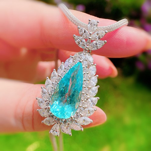 European Teardrop Neon Blue Tourmaline Gemstone Silver Drop Necklace Pendants - Picture 5 of 6