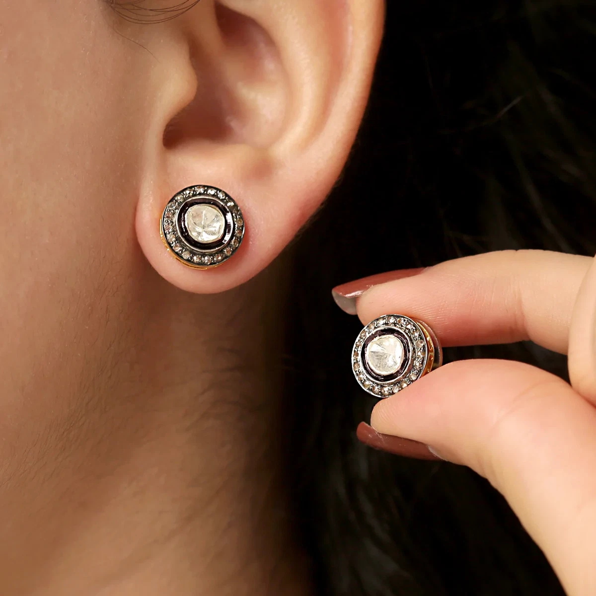 Natural Rose Cut Polki Pave Diamond Tops 925 Sterling Silver Stud Earring
