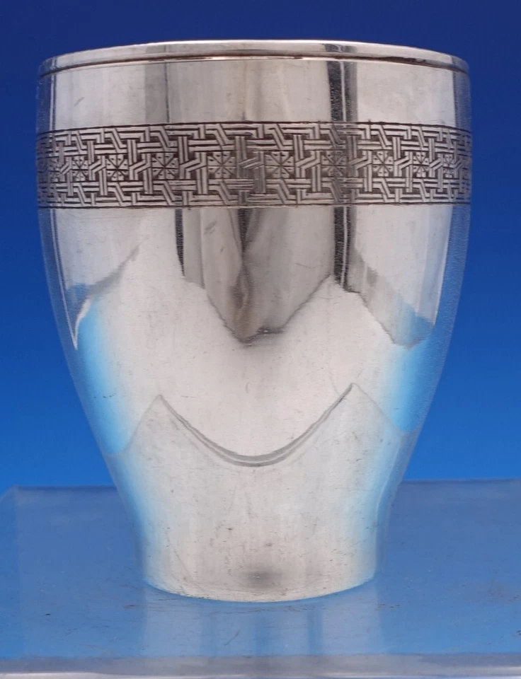 Персидская 84 серебряная чашка с гравировкой геометрический дизайн 3 3/8 дюйма ближневосточная (#7825) - Изображение 2 из 4