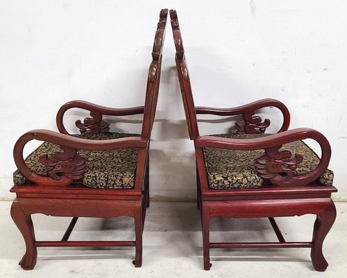 Mid Century Chinese Asian Rosewood & Marble Armchairs - A Pair - Picture 4 of 13