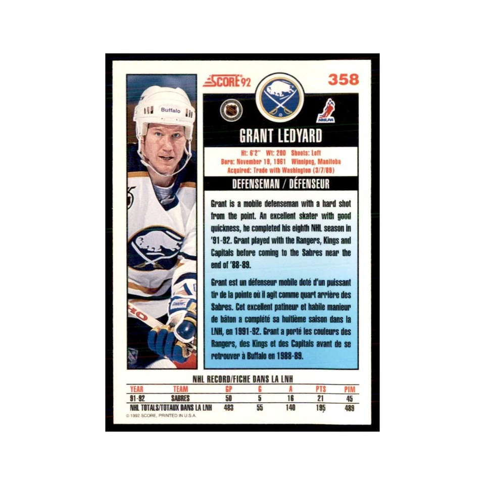1992 Score Canadian Grant Ledyard Buffalo Sabres #358 - Image 2 of 3