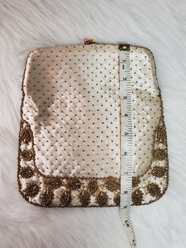 Vtg Beaded Satin Cream & Gold beading Evening Clutch Clasp Purse Handbag - Picture 11 of 11