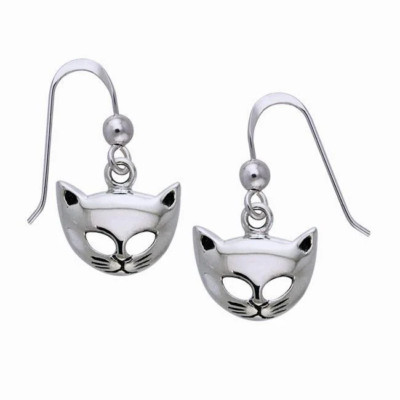 Cat Mask 925 Sterling Silver Hook Earrings Fine Spirit Animal Totem Jewelry