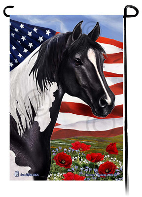 Patriotic Flowers Garden Flag - Black Paint/Pinto Quarter Horse