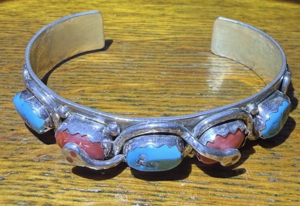 Vtg Effie C Calavaza Zuni Silver Snake Turquoise Cora… - Gem