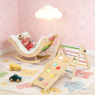 7-in-1 Indoor-Holz Klettergerüst für Kinder Rutsche Rampe Bogen Sitzkissen