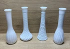 Lot of 4 Vintage White Milk Glass Bud Vases 9” Mixed Pattern Wedding Cottagecore