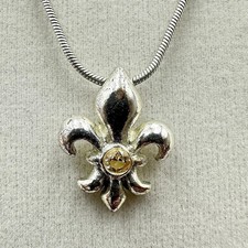 NY Vintage Silver-Tone Fleur-de-Lis Pendant Necklace w/ Crystal Accent 18in