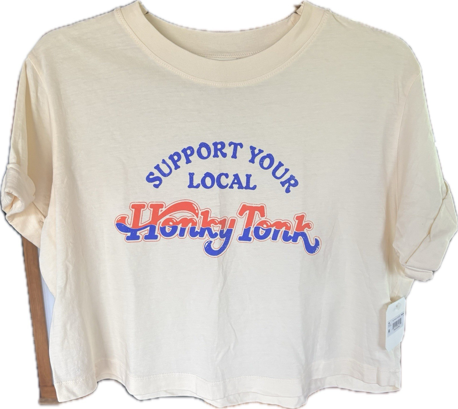 Altar'd State Off-White Honky Tonk Graphic Cropped Crew Neck Cotton Tee Size S