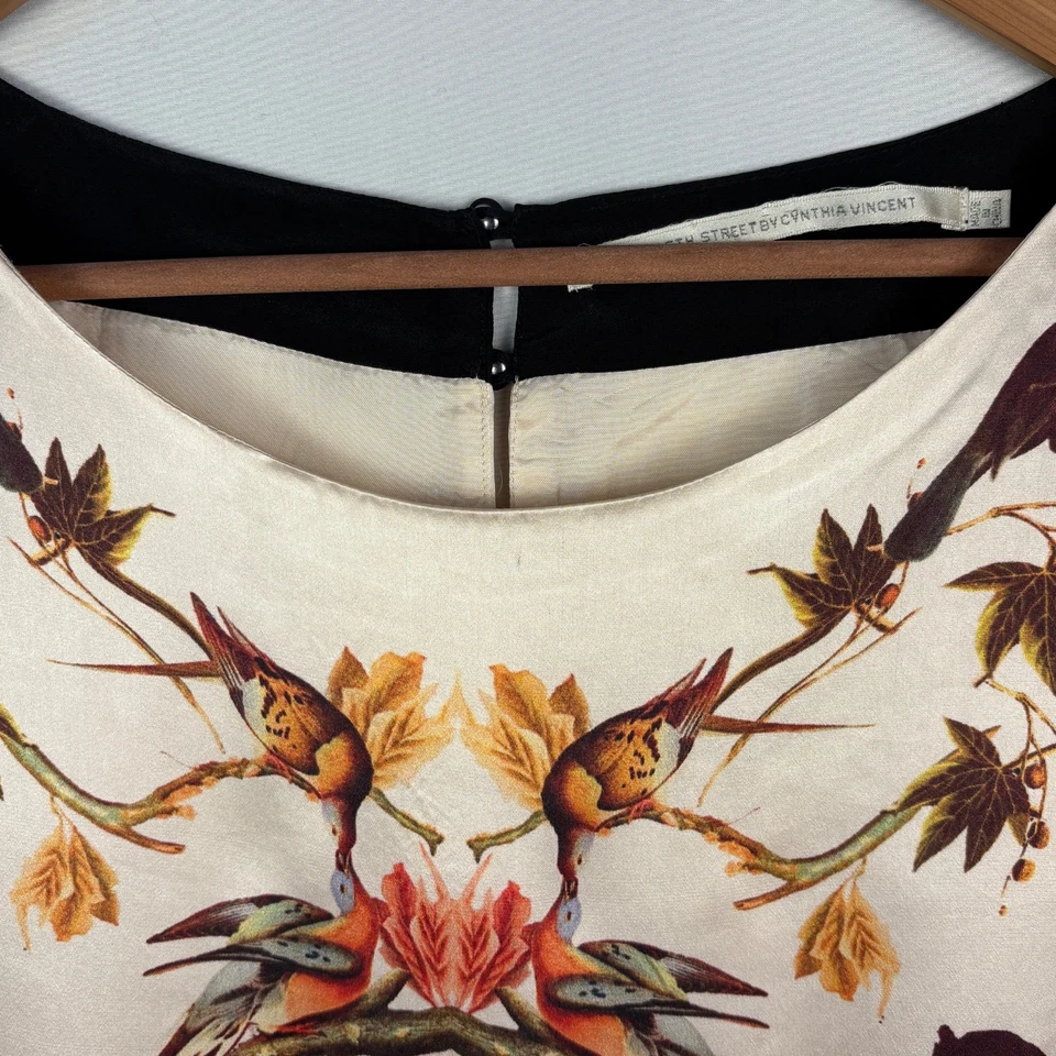 Mini vestido recto de seda manga larga para mujer talla L pájaros calle 12 de Cynthia Vincent Foto 4 de 4