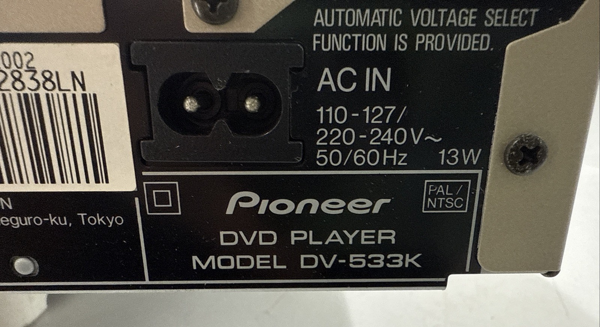 Pioneer DV-533K DVD Player Comes w/Power Supply and RCA Cables