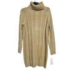 Women  s Beige Small Sweater Dress Turtle Neck Long Sleeve Pullover Copper KeyNWT