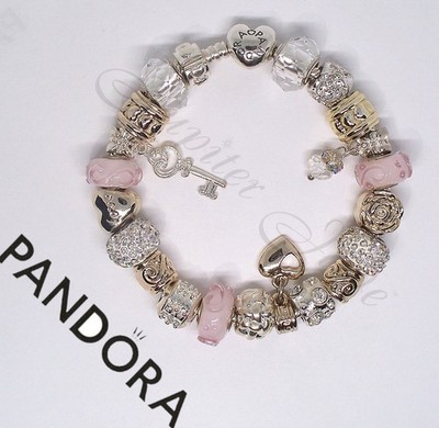 Authentic Pandora Bracelet Pink White Gold Heart Key Charm Bracelet Euro Charms