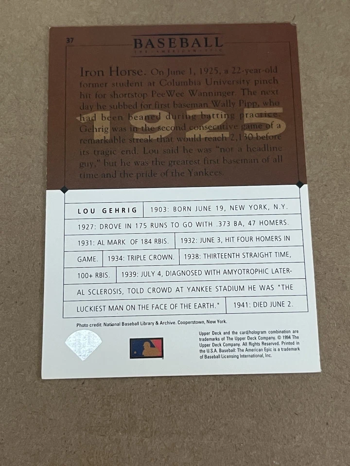 1994 UPPER DECK - THE AMERICAN EPIC - 1925 LOU GEHRIG YANKEES #37 - Image 2 of 2