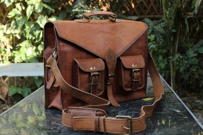 New Brown Briefcase Men's Leather Bag Goat Messenger Shoulder Laptop Vintage