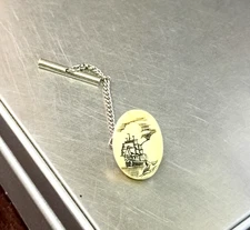 Vintage Nautical Tall Sail Ship Tie Tack Pin With Chain Scrimshaw