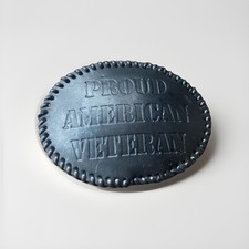Vintage Belt Buckle Proud American Veteran Leather Engraved POW Military US