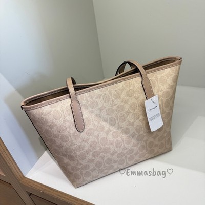 Coach Medium City Tote Bag In Signature Canvas Silver/Sand/Taupe