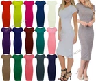 Women Ladies Plain Jersey Stretch Crew Neck Bodycon Cap Sleeve Midi Dress 8-26