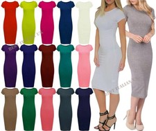 Women Ladies Plain Jersey Stretch Crew Neck Bodycon Cap Sleeve Midi Dress 8-26