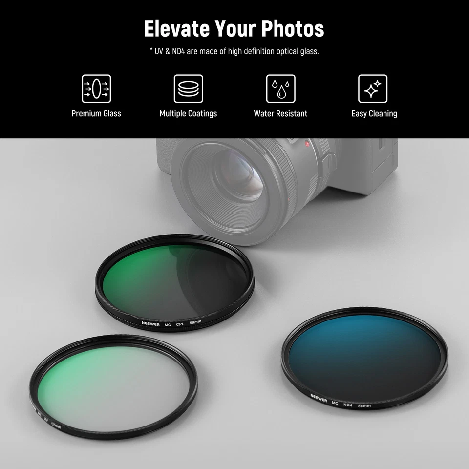 NEEWER 58mm UV CPL ND4 Filter Kit Optical Glass Set w/ Hard Case for Camera Lens - Image 4 of 4