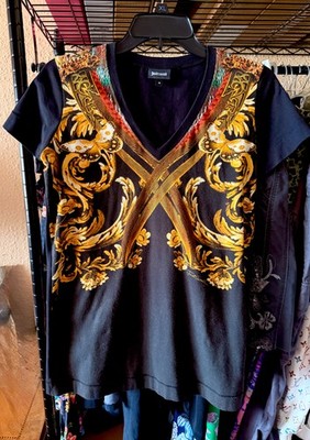 VTG Just Cavalli Baroque Gold Leaf Print Top V Neck Sleeveless Knit M retail$375
