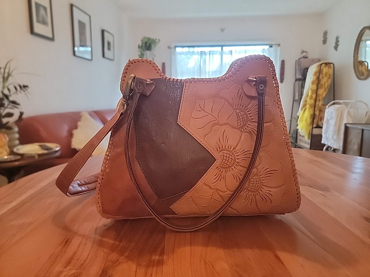 VINTAGE Handmade Hand Tooled Patchwork Leather Pu… - image 1