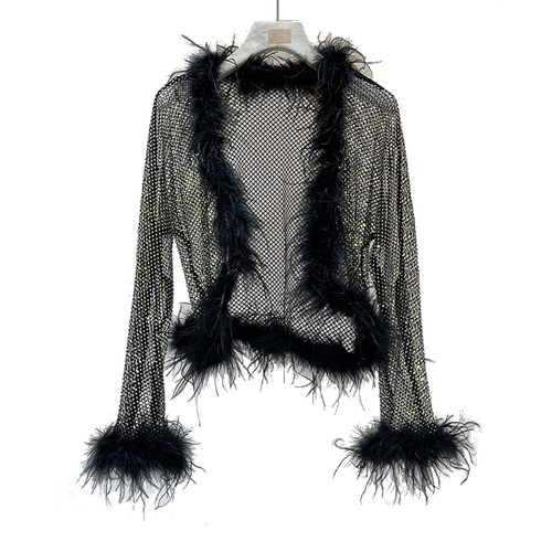 Women Rhinestone Sheer Shrug Cardigan Crop Tops with Feather Trim Shawl Coat - Picture 10 of 16