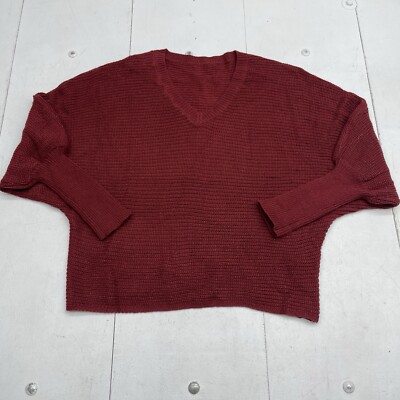 Shein Red Knit Long Sleeve Pullover V Neck Sweater Women's