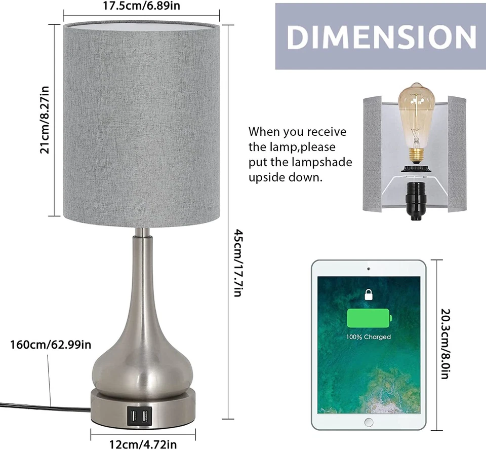 Conjunto de 2 abajures de mesa de cabeceira de toque com portas USB quarto sala de estar - Imagem 4 de 4