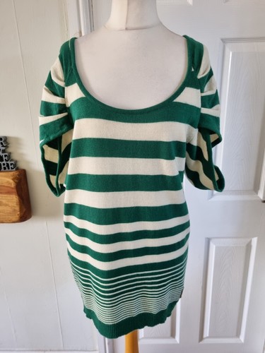 Komods Cream/green Stripe 100% Pure Wool short Sleeve Jumper Size 2 Uk 12-14...