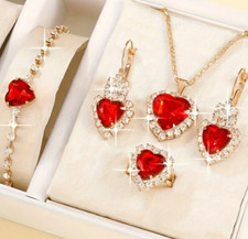 Sparkling Red Heart Rhinestone Necklace Earrings Bracelet Ring Set  016