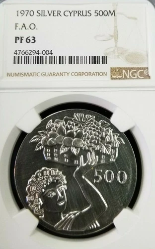 1970 CYPRUS SILVER 500 MILS 500M FAO NGC PF 63 LOW MINTAGE SCARCE COIN 