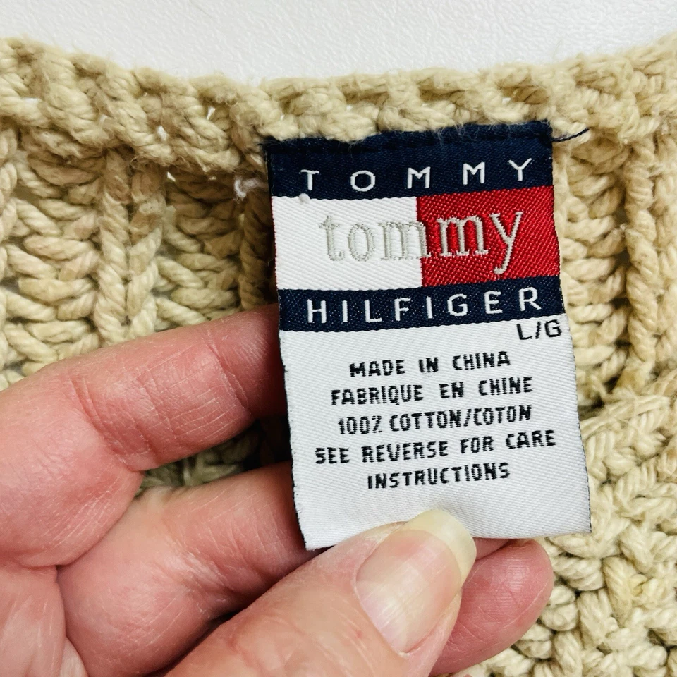 Suéter Tommy Hilfiger Vintage Años 90 Para Mujer L Beige Algodón Grueso Tejido Corte Cuello en V Foto 3 de 4