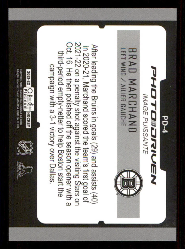 2021-22 O-Pee-Chee Platinum Photo Driven #PD4 Brad Marchand - Image 2 of 2