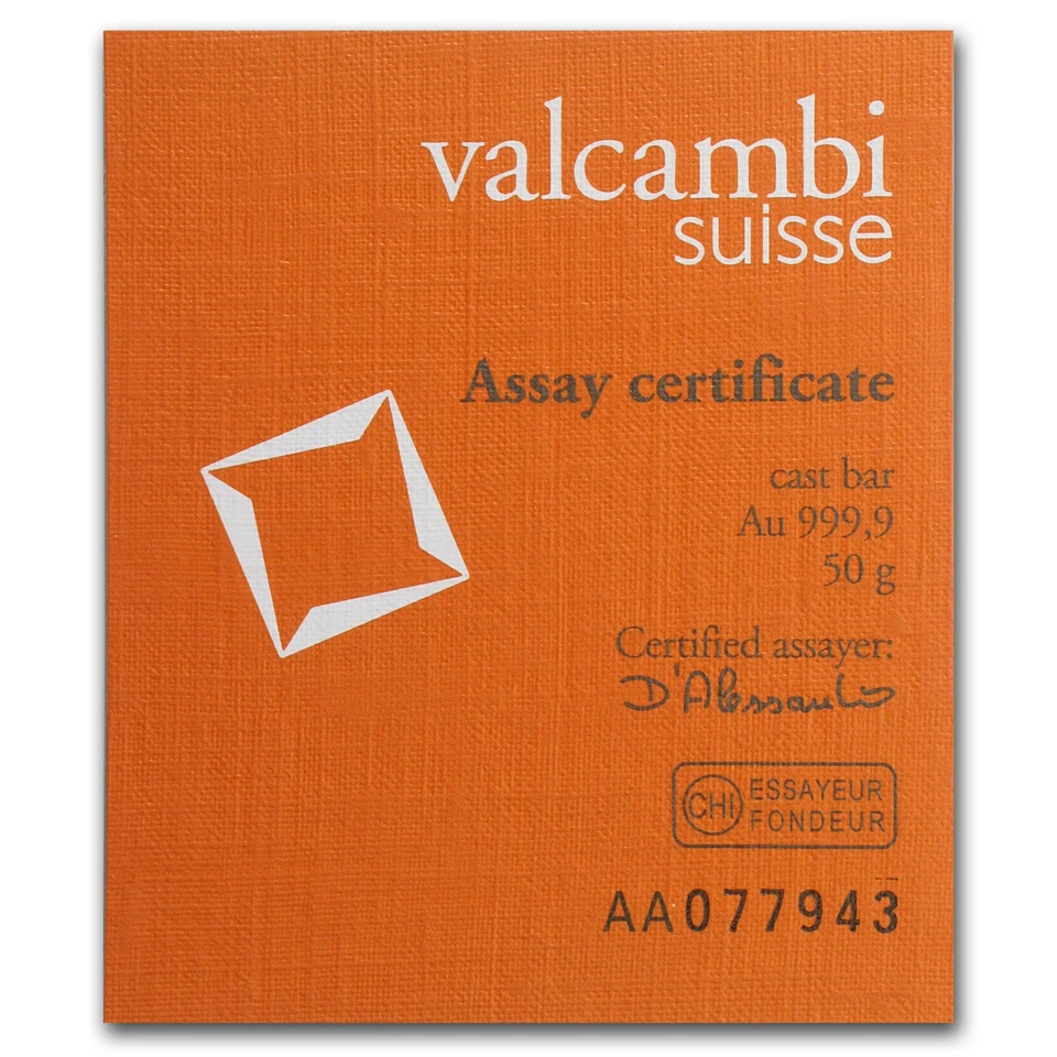 Barra de oro de 50 gramos - Valcambi (fundida/vertida con ensayo) Foto 2 de 2